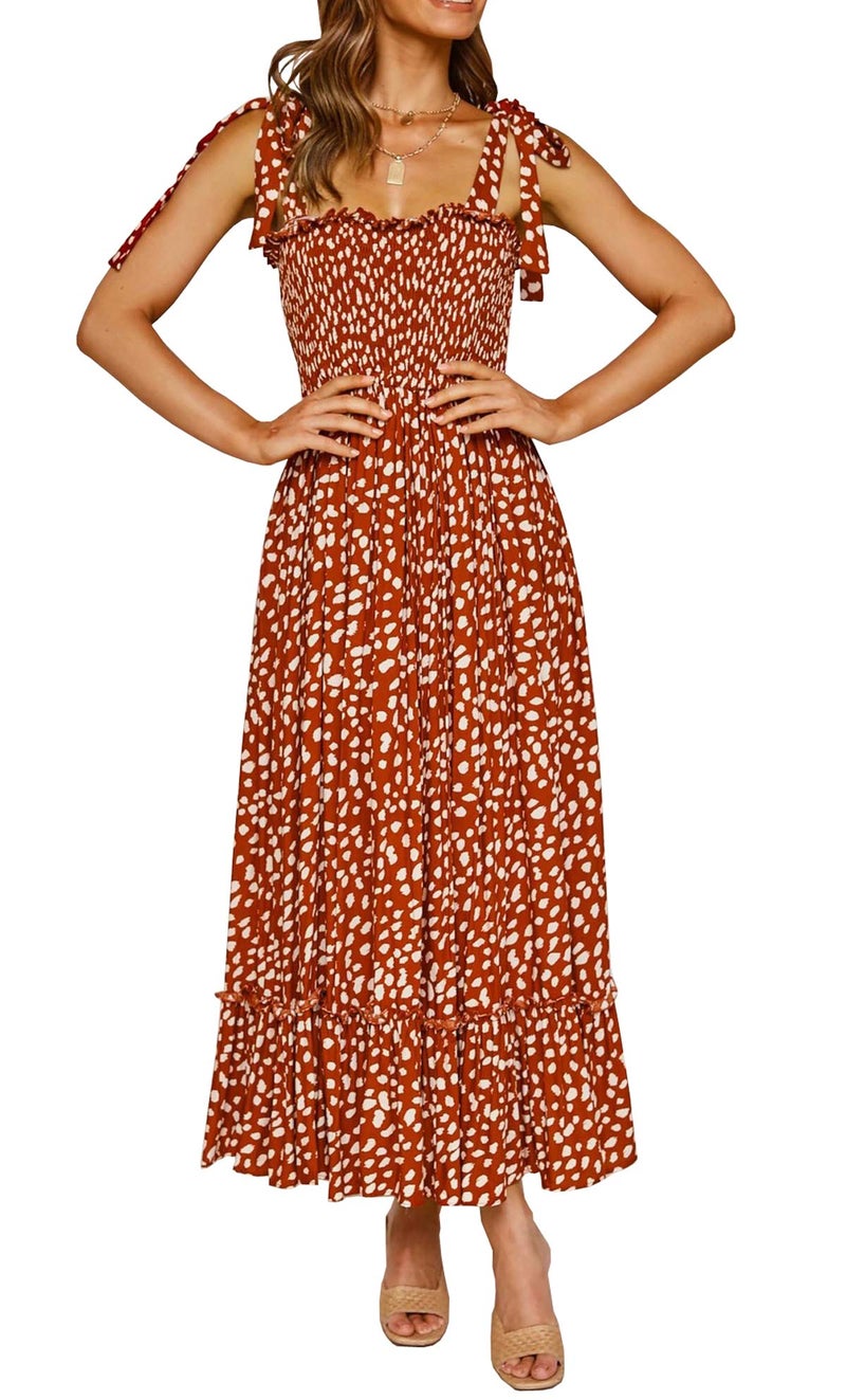 R.Vivimos Women's Summer Straps Cotton Irregular Polka Dot Ruffles Midi Dress (Small, Orange) - Image 1